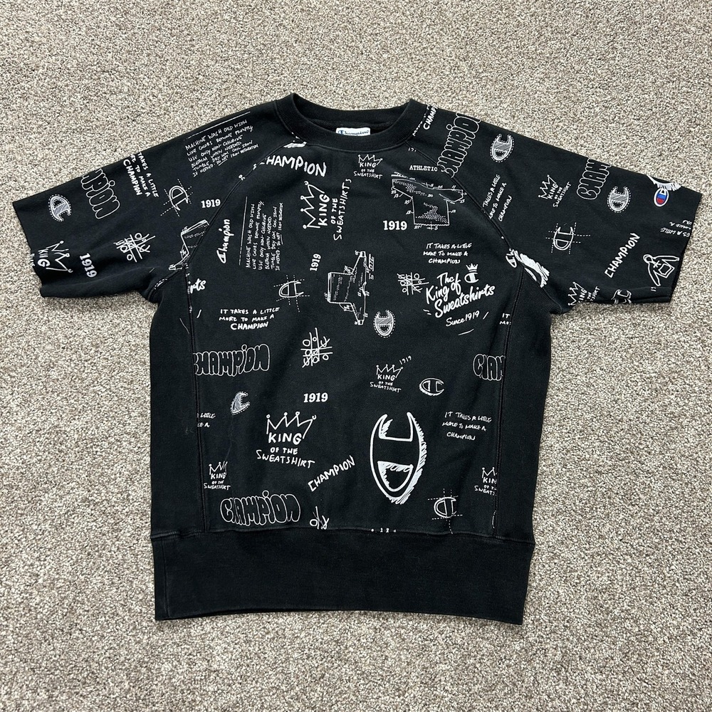 Champion Reverse Weave Sweatshirt Mens Medium Black Fleece Short Sleeve Graphic